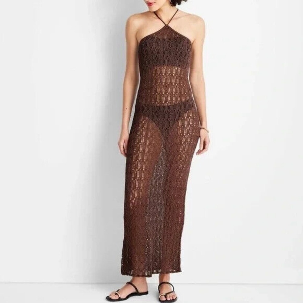 Brown Crochet Halter Maxi Dress‎ XXS Sheer Cover-up